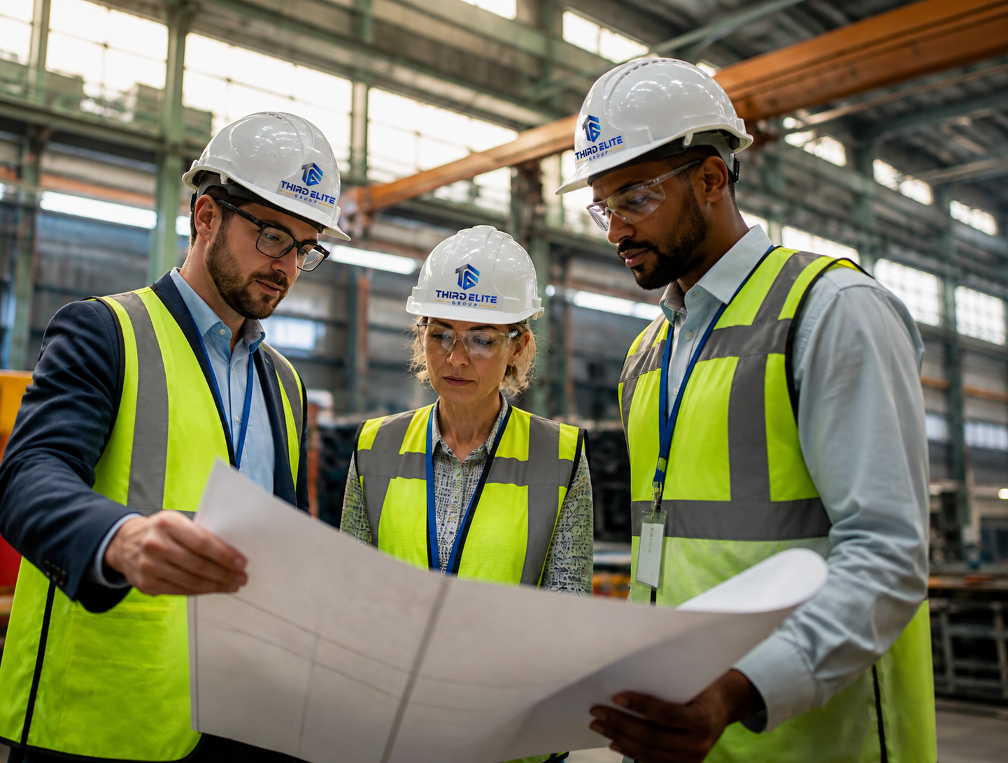 Third Elite Group team reviewing plans on site with branded hard hats
